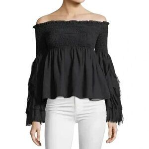 Caroline Constas‎ Alessandra Silk Smocked Off-Shoulder Long Sleeve Top in Black